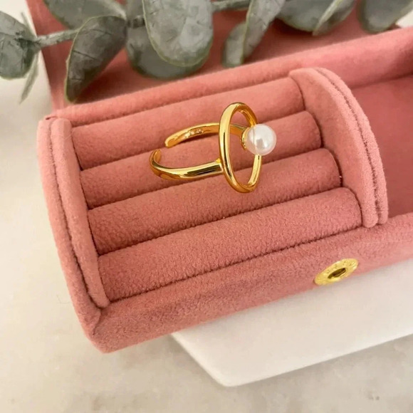 925 Sterling Silver Gold Pearl Statement Ring Boho Minimalist Oval Round Ring - Picture 8 of 8